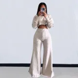 Women Casual Long Sleeve Crop Top and Pocket Pant Two Piece