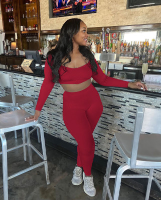 Women Ribbed Long Sleeve Crop Top and Pant Sexy Two Piece