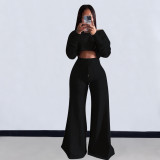 Women Casual Long Sleeve Crop Top and Pocket Pant Two Piece