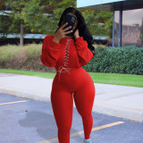 Plus Size Women Bandage Long Sleeve Top and Pant Two Piece