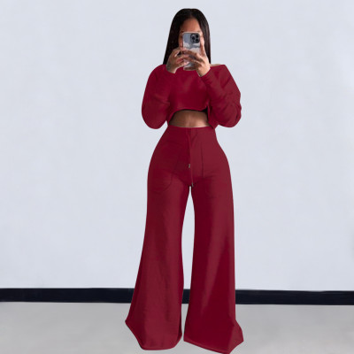 Women Casual Long Sleeve Crop Top and Pocket Pant Two Piece