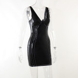 Womens Sexy Plunging Backless Sleeveless Bodycon PU Leather Dress