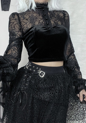 Women High Neck Cutout See-Through Lace Patchwork Crop Top