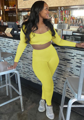Women Ribbed Long Sleeve Crop Top and Pant Sexy Two Piece