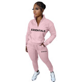 Women Casual Letter Print Fleece Zip Long Sleeve Top and Pant Two Piece
