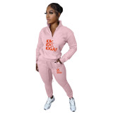 Women Casual Letter Print Fleece Zip Long Sleeve Top and Pant Two Piece