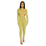 Women Sexy Solid Color Cutout Long Sleeve Jumpsuit
