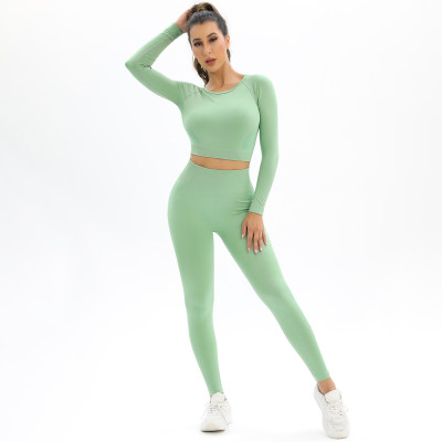 Peach Seamless knitting Low Back High Stretch Long Sleeve Yoga Set Sports Running Fitness Two Piece Women