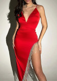 Bvoice tassel solid color slim sexy irregular slit Strap Dress