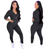 Women's Stand Collar Hoodless Jacquard High Stretch Fabric Long Sleeve Pant Set Two Piece