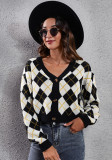 Color matching diamond jacquard knitting cardigan coat short sweater women loose women's clothing