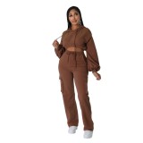 Casual Hoodie Solid Cargo Straight Pants Set Fall Winter Two Piece Tracksuit
