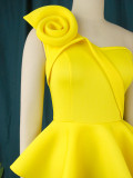 Elegant Ruffle One Shoulder High Waist Slim Fit Back Slit Yellow Peplum Dress