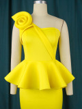 Elegant Ruffle One Shoulder High Waist Slim Fit Back Slit Yellow Peplum Dress