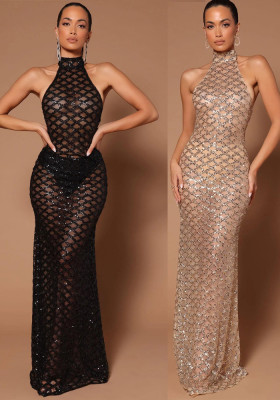 Women Fashion Sexy Low Back Nightclub Party Dress Beaded Sequin See-Through Dress