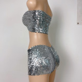 Sexy Sequins Strapless Women'S Two Piece Club Shorts Set