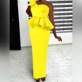 Elegant Ruffle One Shoulder High Waist Slim Fit Back Slit Yellow Peplum Dress