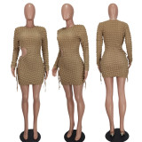 Women Fashion Drawstring Plaid Sexy Cutout Bodycon Dress