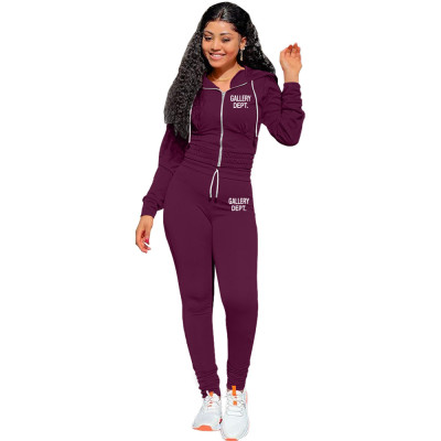 Women'S Autumn Winter Letter print Zip Hooded Long Sleeve Sports Two piece pants set Tracksuits