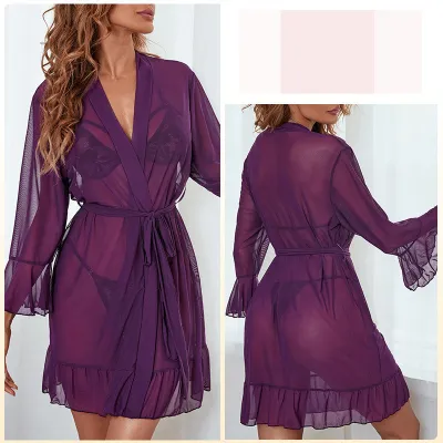 Women Mesh Nightgown See-Through Mesh Underwear Sexy Bathrobe Pajamas