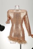 Fashion Ladies Sequined Fur Patchwork Ball Chic Party Dress