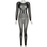 Fall Women'S Sexy See-Through Jacquard Cutout Solid High Waist long sleeve Tight Fitting Casual Jumpsuit Women