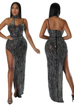 Women Sexy See-Through Side Slit Beaded Dress