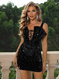 Women'S Fashion V-Neck Bow Sequins Bodycon Party Dress