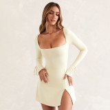 Women'S Autumn And Winter Fashion U Neck Long Sleeve Solid Color Slim High Waist Slit Dress