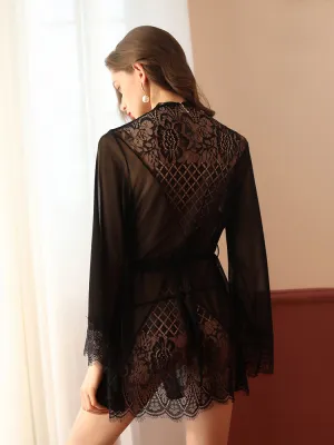 Summer Pajamas Women Chiffon See-Through Robes Lace Patchwork Sexy Bathrobes Homewear