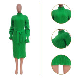 Women'S Solid Turtleneck Knitting Belted Long Sleeve Midi sweater Dress