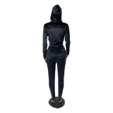 Women'S Fall/Winter Velvet Solid Color Slim Fit Hooded Two-Piece Pants Set