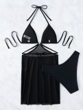 Sexy Solid Bikini Mesh Skirt Three Piece Swimsuit