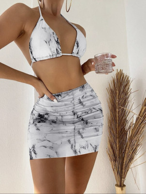 Sexy Print Bikini Three-Piece Skirt Swimsuit