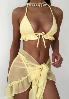 Women Cover Up Mesh Skirt Pleated Swimsuit Bikini Three-Piece Swimwear