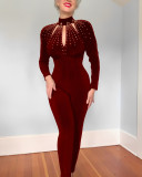 Women High Neck Beaded Cutout Long Sleeve Jumpsuit