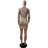 Women'S Leopard Print Zipper Long Sleeve Sexy Dress