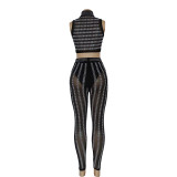 Women Sexy Mesh See-Through Women Beaded Sleeveless Top and Pant Two Piece