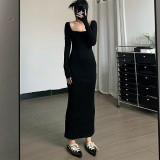 Women's Casual Chic Square Neck Long Sleeve Slim Fit Maxi Dress