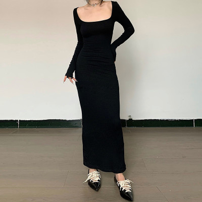 Women's Casual Chic Square Neck Long Sleeve Slim Fit Maxi Dress