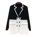 Women's Autumn Winter Coat Chic Black and White Colorblock Double Breasted Maxi Blazer