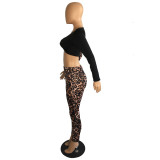 Womens Long Sleeve Leopard Patchwork Top and Pant Two Piece