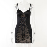 Women Casual Lace Patchwork Plunging Lace-Up Bodycon Dress