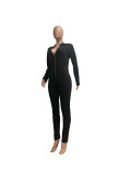 Women Sexy Slim Zip Print Long Sleeve Jumpsuit