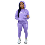 Womens Casual Fleece Print Hoodies and Pant Two Piece