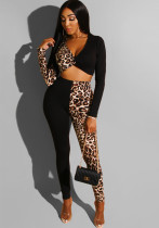 Womens Long Sleeve Leopard Patchwork Top and Pant Two Piece