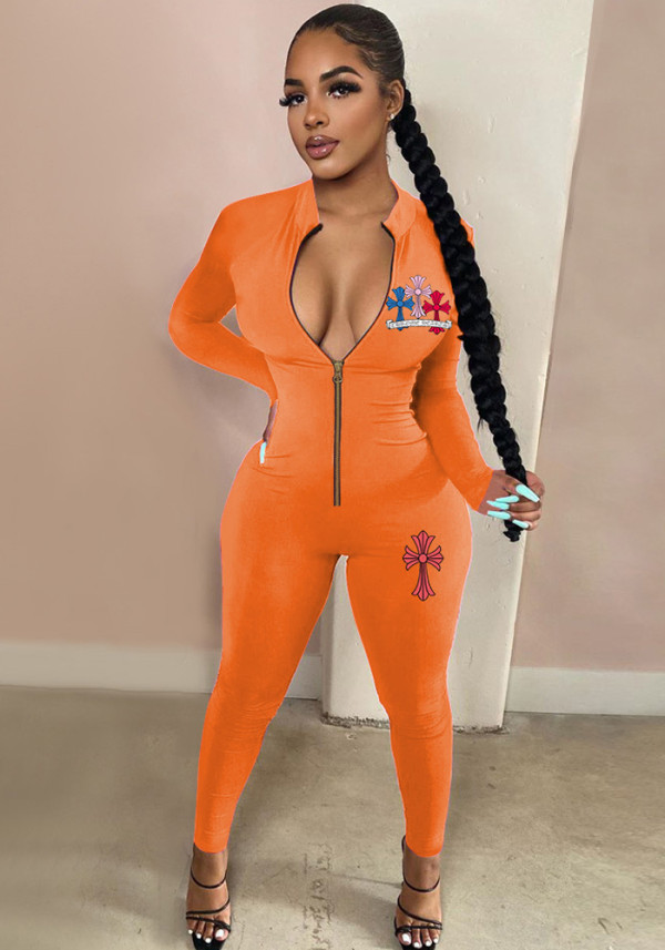 Women Sexy Slim Zip Print Long Sleeve Jumpsuit