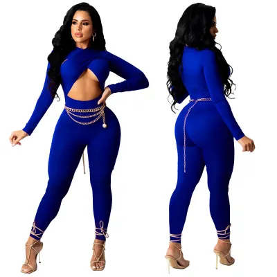 Fall/Winter Sexy Crossover Lace-Up Solid Jumpsuit