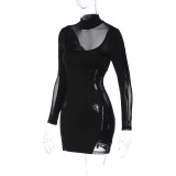 Women's Fall Sexy Hot Round Neck Mesh See-Through Patchwork Bodycon Short Dress