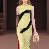 Women's Autumn Style Print Contrasting Color Sleeveless Mesh Gloves Midi Dress
